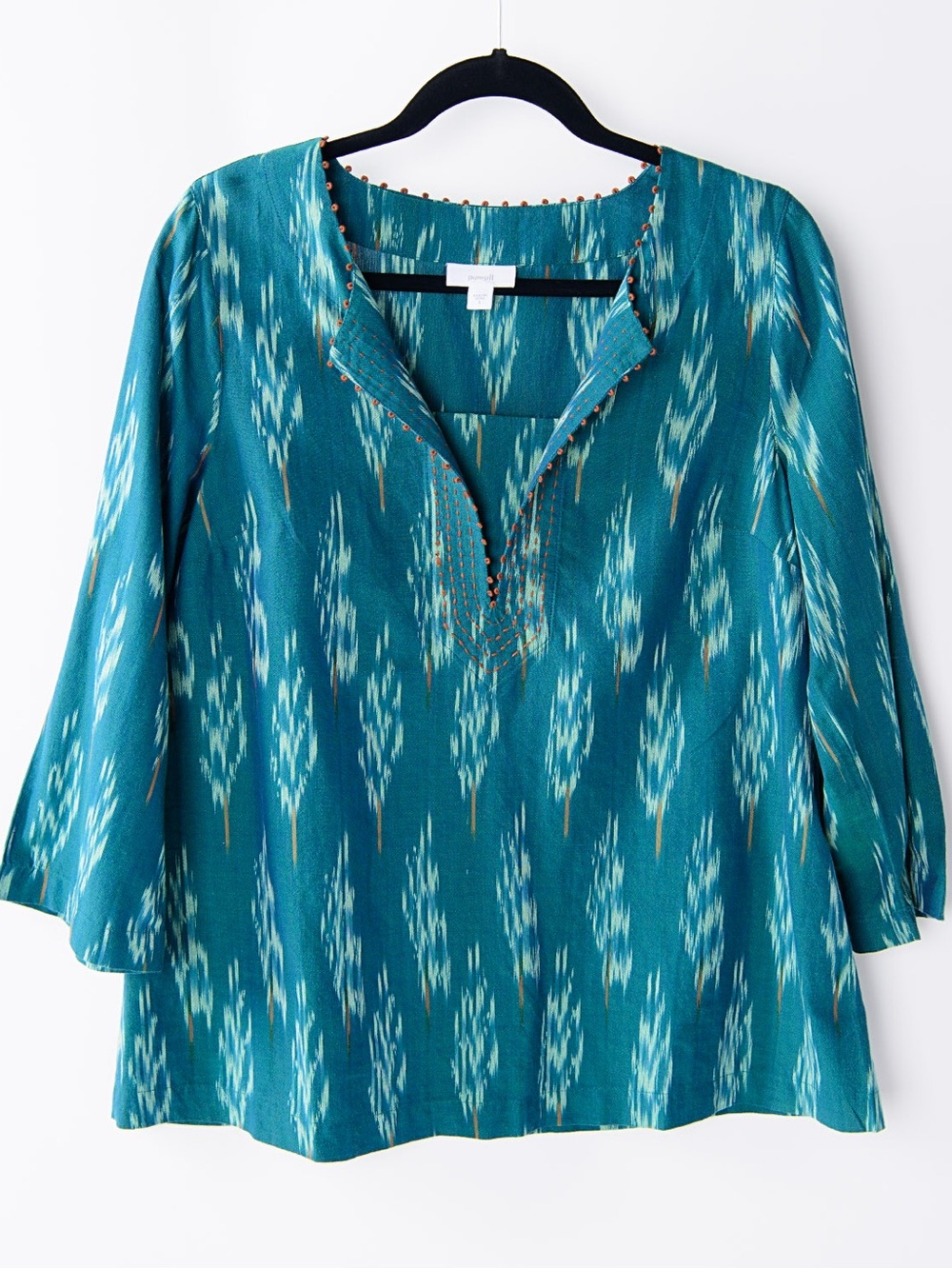 Pure Jill Ikat Print Cotton Tunic Top Small Boho Artisan Embroidered